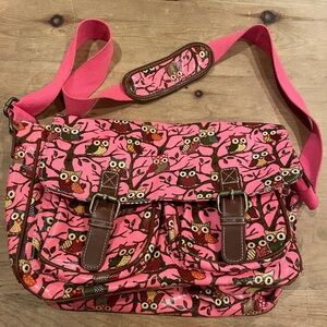 Miss Lulu Bright pink brown Owl Messenger Bag Book Bag crossbody satin lined